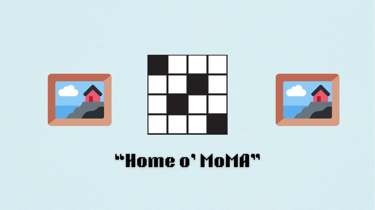 A blank crossword puzzle with a clue underneath, between emojis of a painting.