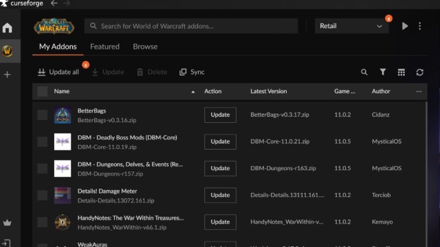 CurseForge application with a list of addons for WoW The War Within.