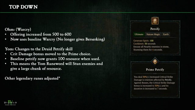 A powerpoint presentation screen with the changes to runewords