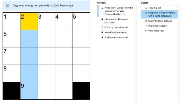 the clue, 'Disgraced energy company with a 2001 bankruptcy' from the NYT Mini Crossword highlighted in blue and yello