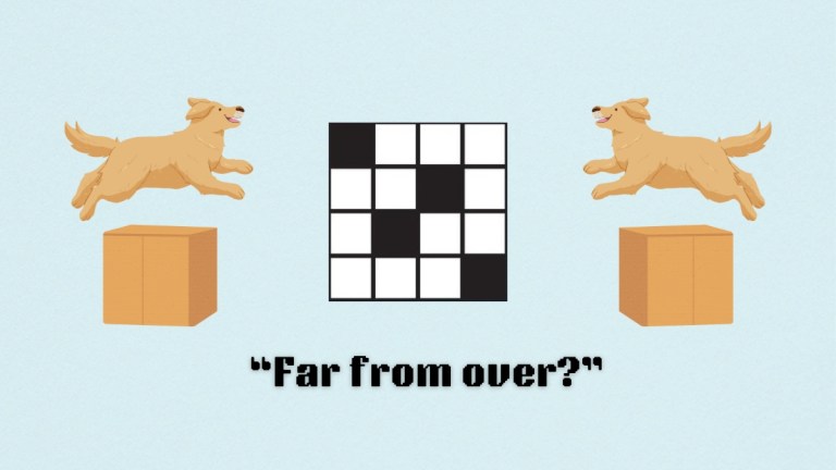 Dog jumping over a box above the clue, far from over? from today's NYT mini crossword puzzle