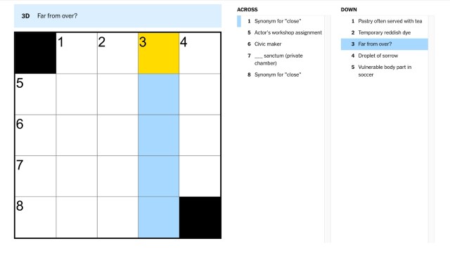 The clue, far from over?, highlighted in blue and yellow on the NYT Mini Crossword puzzle