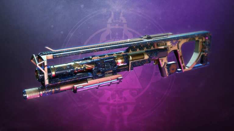 The Festival of the Lost shotgun, Arcane Embrace, as seen in promotional image with the FOTL logo on a purple background.