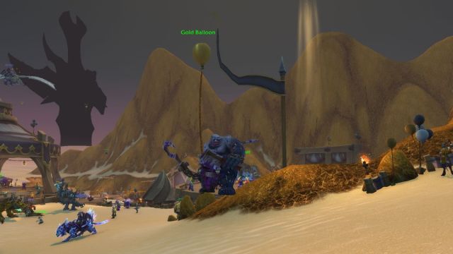 Flying Undead character with a balloon in World of Warcraft Tanaris zone.