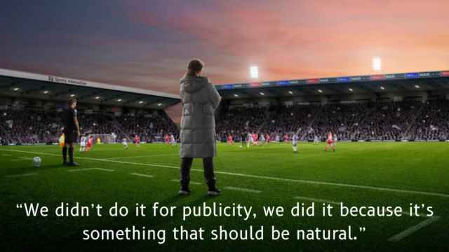 A promotional image for Football Manager 25 with a quote shown beneath a character.