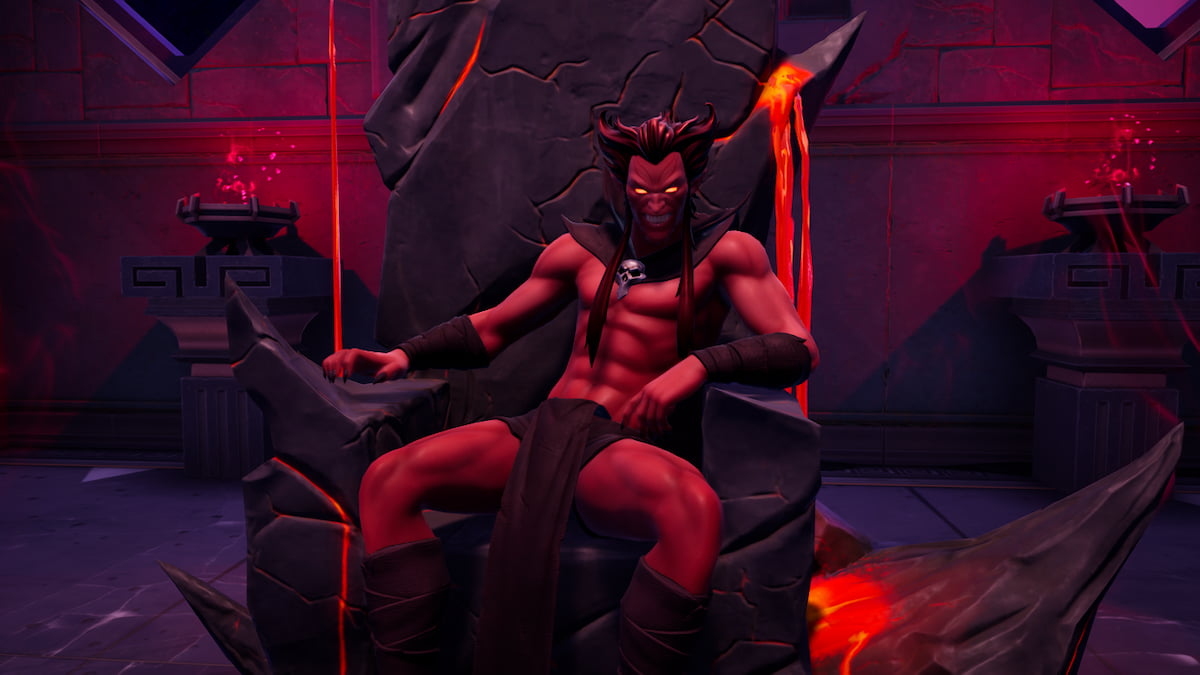 Picture showing Mephisto sitting down on his Throne in Fortnite.