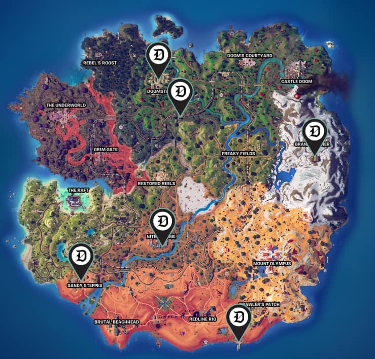 Picture showing the in-game Fortnite map to show where are the toilets to destroy in the game.