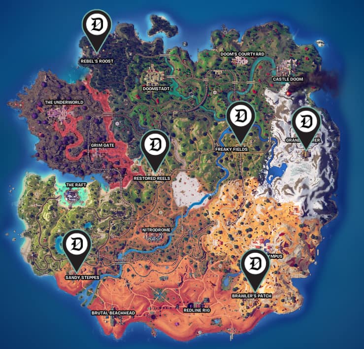 Picture showing all the major point of interests via Fortnite map which has the Ultima Carver overgrowth.