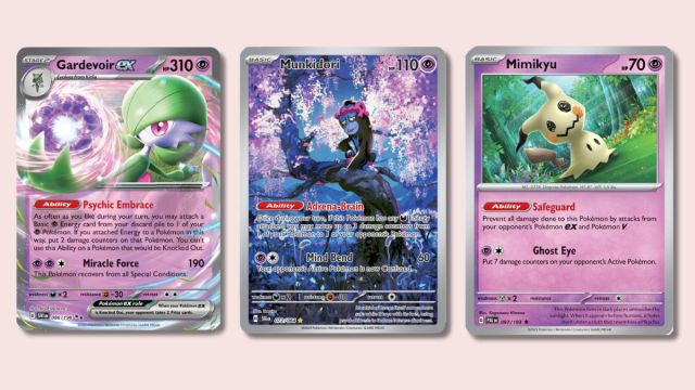 Gardevoir ex, Munkidori, and Mimikyu Pokémon cards.