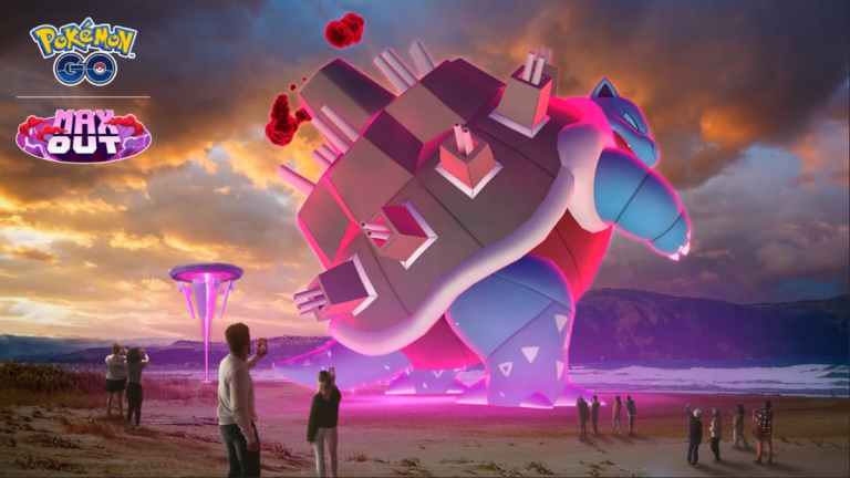 Gigantamax Blastoise towering over humans in a promo image for Pokemon Go.