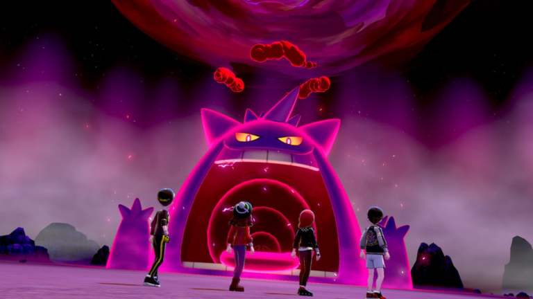 Players in Pokemon Sword and Shield inside a Raid Den against Gigantamax Gengar