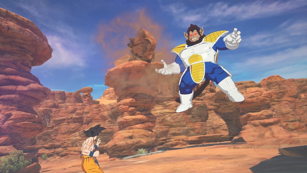 Goku ready to fight Great Ape Vegeta with rocks in the background