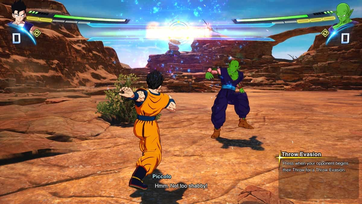 Adult Gohan breaking a Grab attack on Piccolo on a desert battlefield with rock formations