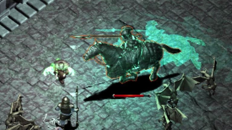 Spectral horseman charging towards the player character with enemies surrounding the area on a bridge