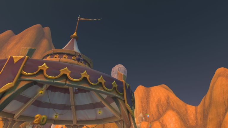 20th Anniversary event in World of Warcraft with tent and mountains in a desert location.