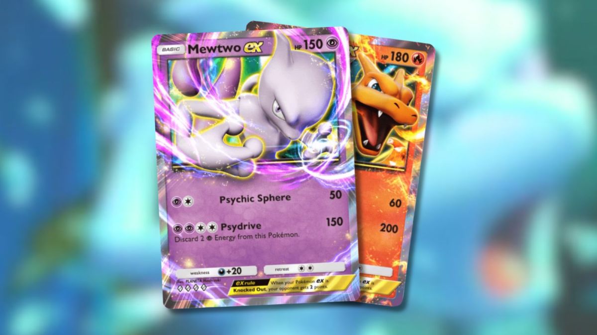 Pokémon TCG Pocket Mewtwo and Charizard cards with a Mewtwo background.