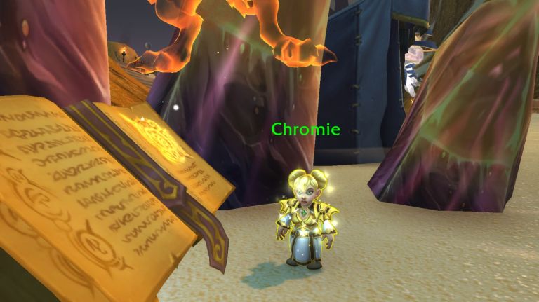 Chromie Gnome NPC in World of Warcraft with giant floating book.