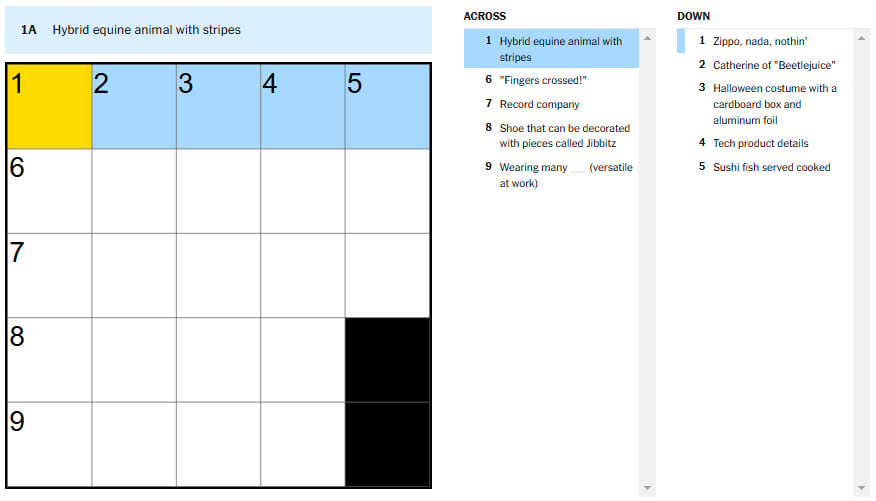 Picture showing the hybrid equine animal with stripes clue in NYT Mini Crossword.