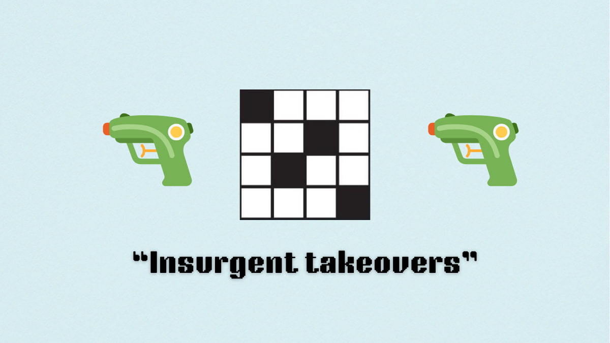 Two water gun emojis either side of a crossword template and a clue.