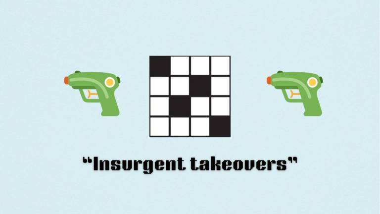 Two water gun emojis either side of a crossword template and a clue.