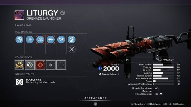 The quest roll for the Liturgy grenade launcher, showing Rimestealer and Chill Clip.