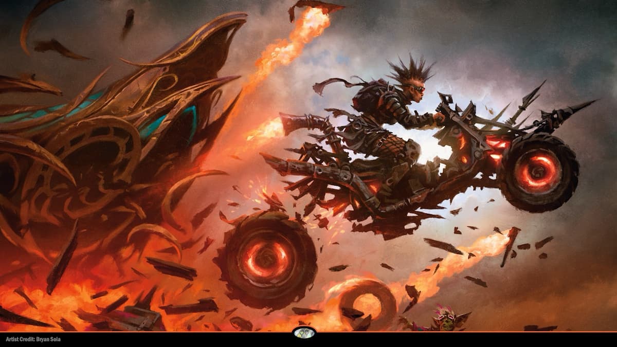 Rider on magical bike in MTG Aetherdrift set with a Dominaria ship in the background and flames from another vehicle that tossed a rider in MTG