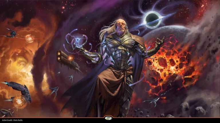 Tezzeret firing magic space guns with ships and exploding planet in the background for MTG space-themed Universes Beyhond set, Edge of Eternities