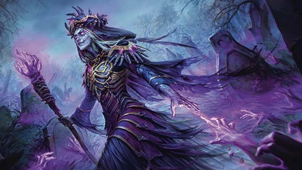 Zul Ashur clothed in purple and black walking through graveyard as zombie hands reach out through Magic in MTG Foundations set