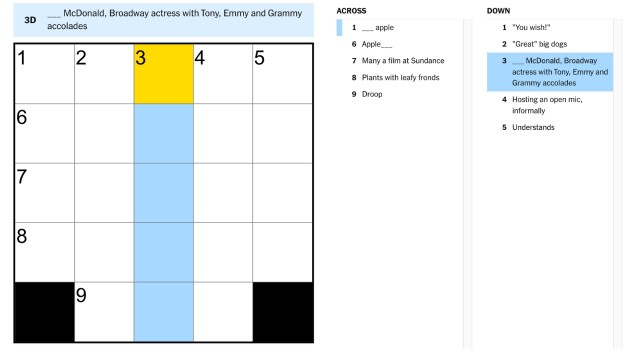 The clue, 'McDonald, Broadway actress with Tony, Emmy, and Grammy accolades' from the NYT Mini Crossword highlighted in blue and yellow