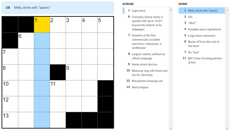 Picture showing the milky drink with pearls clue in NYT Mini Crossword.