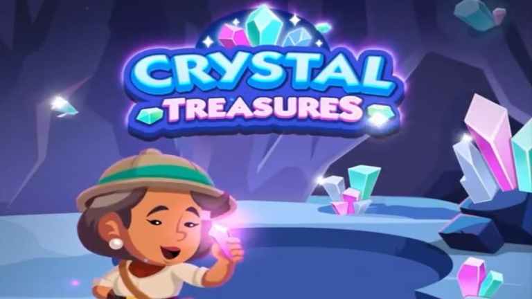 Ms. Monopoly in a tan and green safari hat examining a crystal from a cave for the Monopoly GO Crystal Treasures Dig Hunt