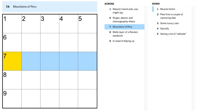 The clue, mountains of Peru, highlighted in blue and yellow on the NYT Mini Crossword puzzle