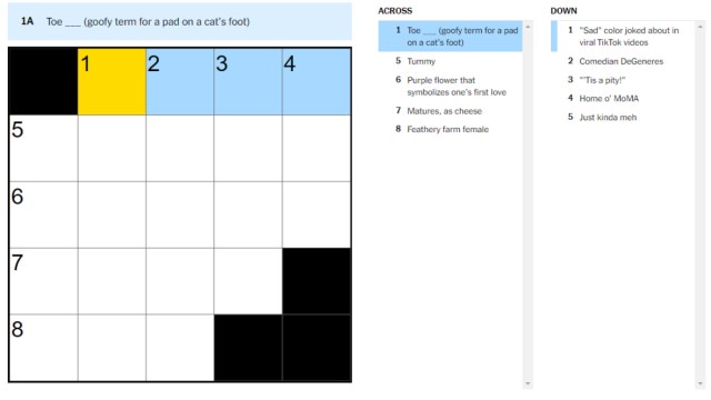 A blank crossword puzzle in the New York Times with a clue highlighted.