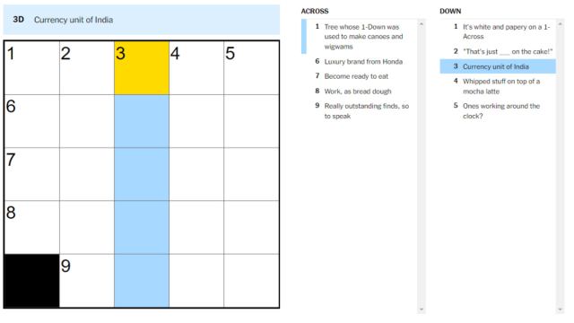 A black NYT Mini Crossword with a clue highlighted.