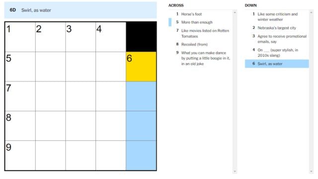 A blank New York Times Mini Crossword puzzle with a clue highlighted.