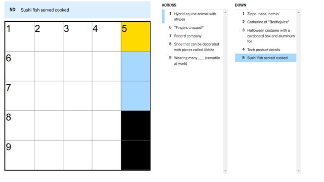 A screenshot of the New York Times Mini Crossword with a clue highlighted.