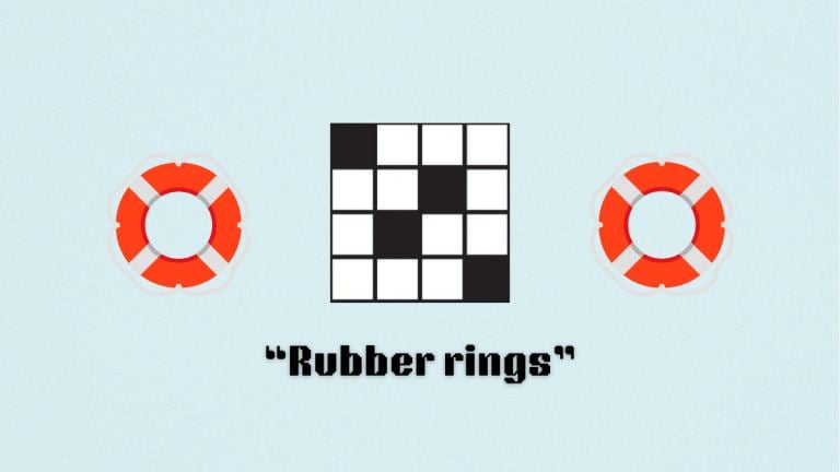 An image of a blank crossword puzzle with two rubber buoys on either side.