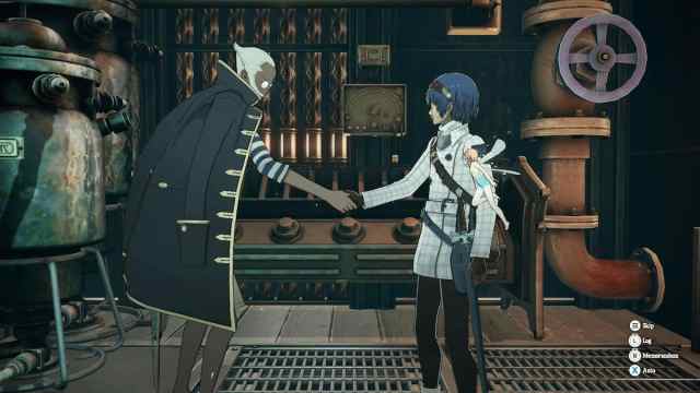 Neuras, an Ishkia with a naval coat over his shoulders, shakes hands with the protagonist.