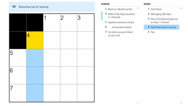 Sleeveless top for layering profile clue highlighted on the NYT Mini Crossword puzzle.