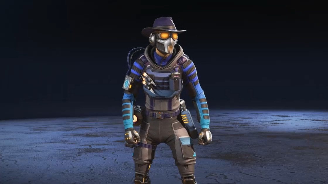 Octane wears a long blue shirt, a hat, and goggles.