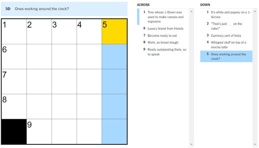 Picture showing the Ones working around the clock clue in NYT Mini Crossword.