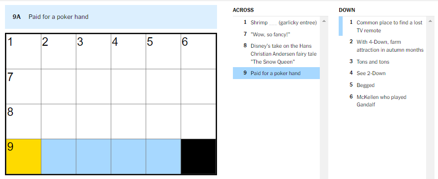 Picture showing the paid for a poker hand clue in NYT Mini Crossword.