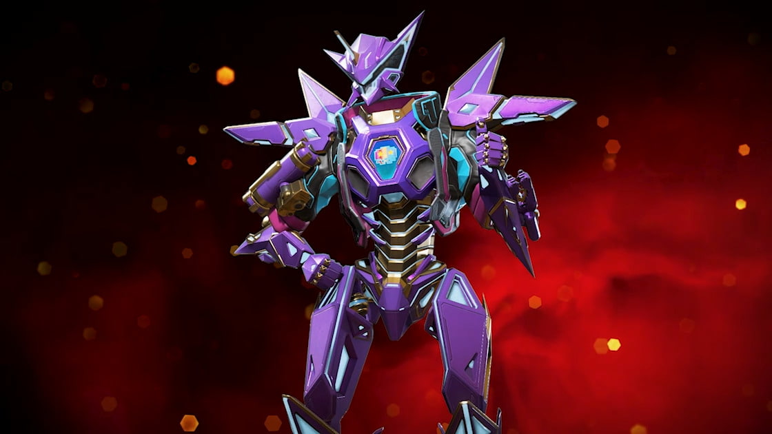 Pathfinder flashes a thumbs up while wearing a huge purple skin with wing-like shoulder pauldrons and a mech-inspired face plate.