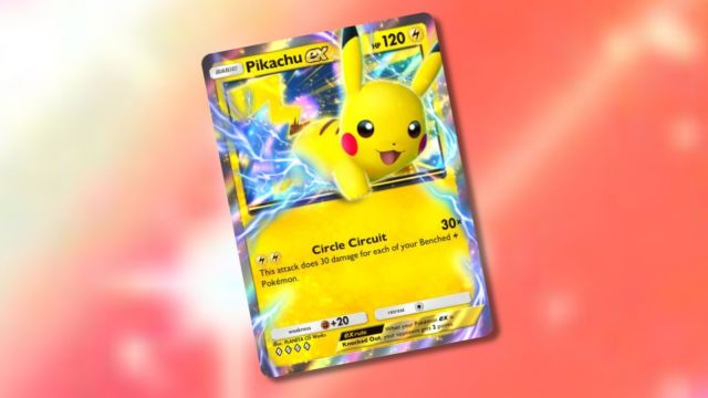 pikachu ex from tcg pocket on a red backdfdrop