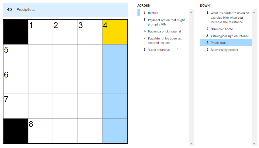 Picture showing the Precipitous clue in NYT Mini Crossword.