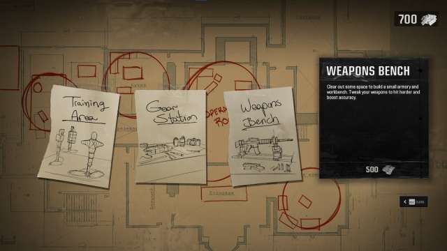 Purchasing Safehouse and Player Upgrades in Black Ops 6, showing several pieces of paper with each location taped to a larger poster board