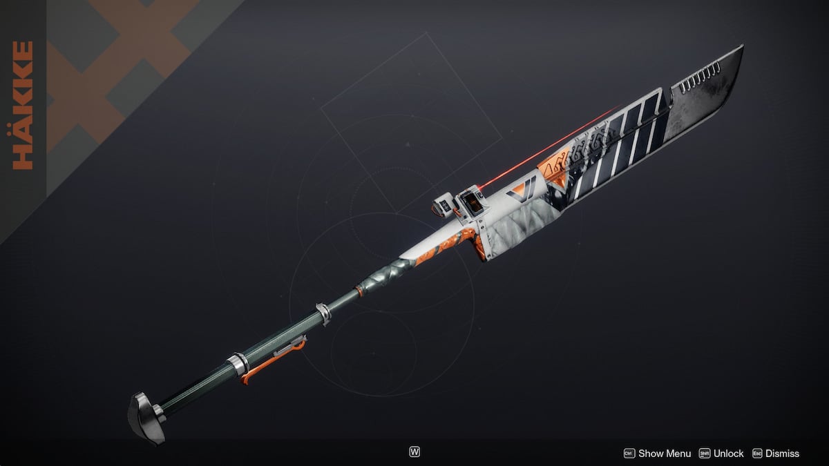 A heavy, polearm-like glaive called the Rake Angle, as seen in Destiny 2's Collections tab. It has a huge, almost board-like blade at the end of a slim haft.