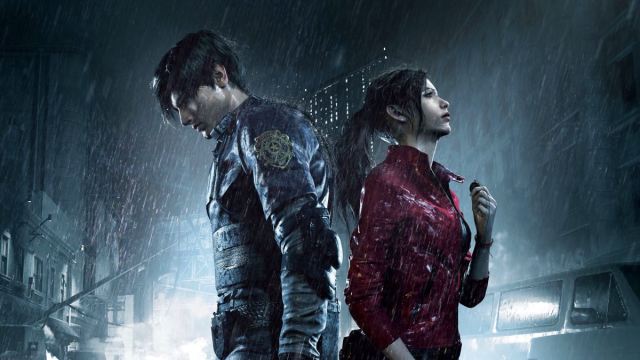 Leon Kennedy and Claire Redfield standing back-to-back in the rain