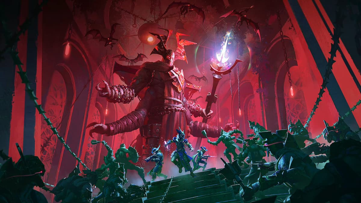 Fikrul stands above a trio of guardians with his Scorn minions surrounding them. highlighting the reddish and cyan hues in the image.