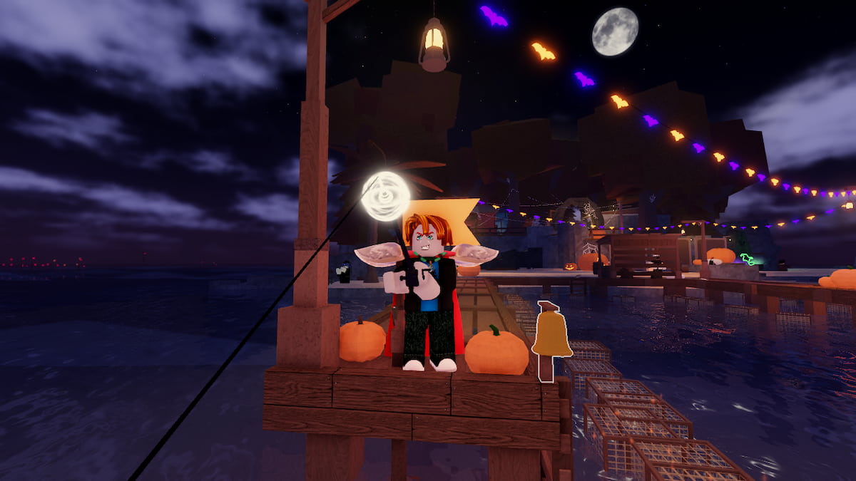 Picture showing a player using the Noctural Rod to fish during the night in Roblox Fisch.